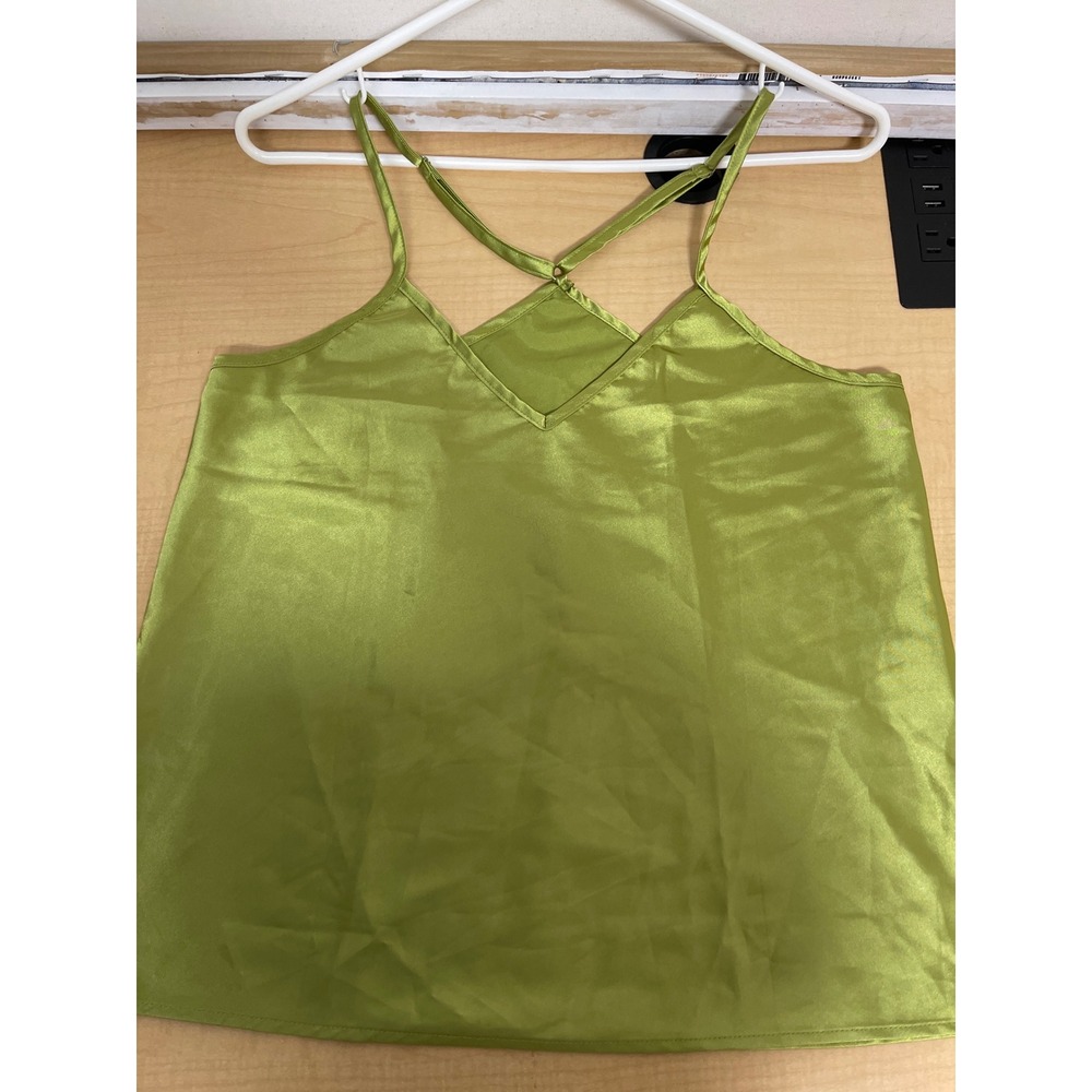 Lime Green Satin V-Neck Camisole Strappy Cross Back Tank Top Small